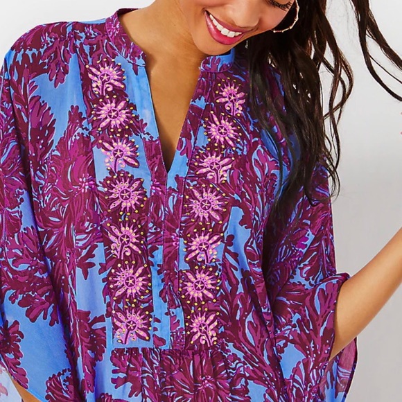NWT Lilly Pulitzer Julies Caftan embellished Abaco blue feel like a shelllebrit - Picture 4 of 8